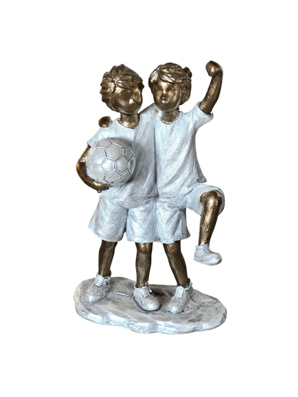 Formano Two Young Boys Hugging & Holding Soccer Ball Sculpture 3.75" x 6.5"